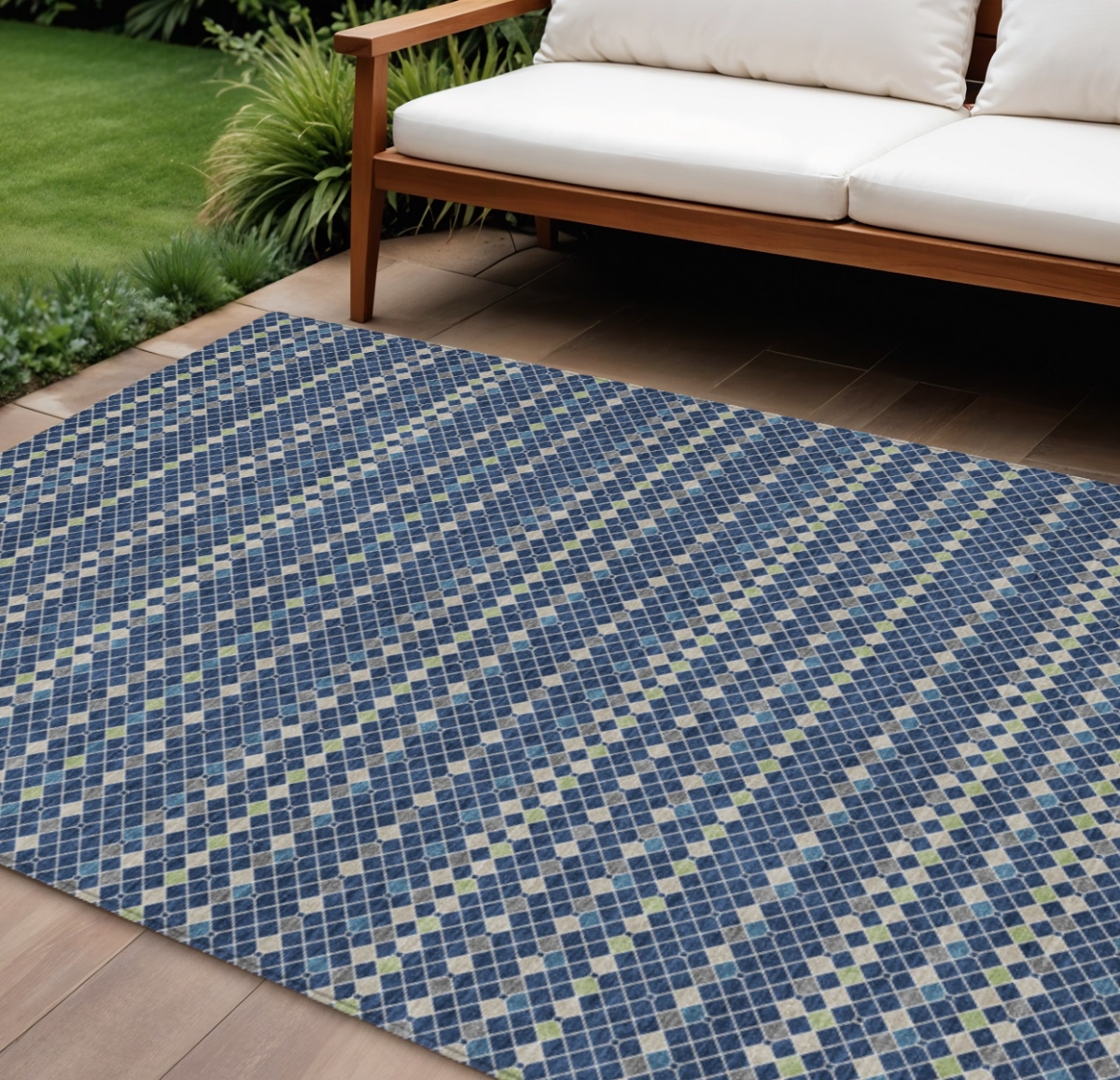 610550 9 x 12 ft. Navy Blue & Mint Green Striped Washable Indoor & Outdoor Rectangle Area Rug