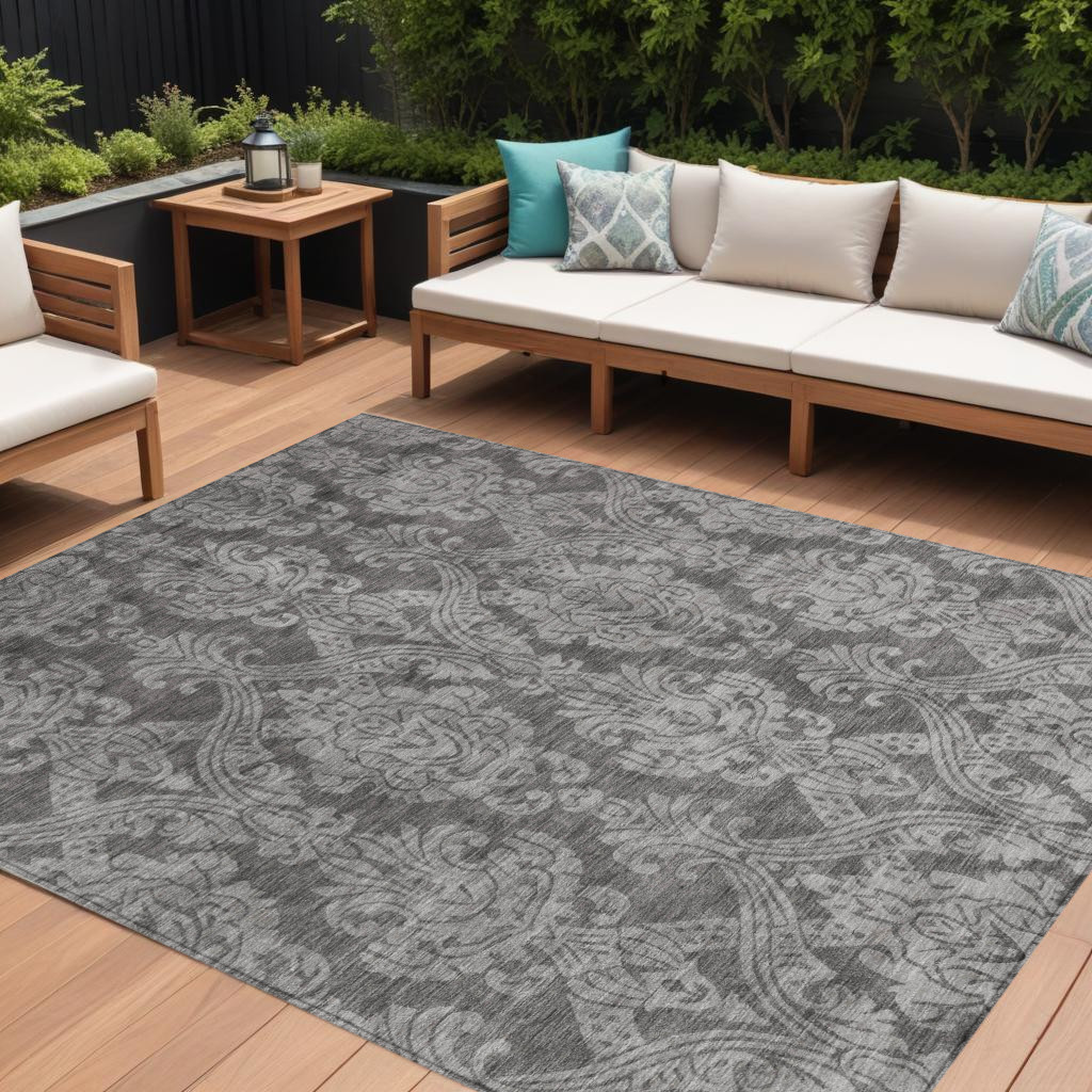 616531 10 x 14 ft. Gray & Pewter Damask Washable Indoor & Outdoor Rectangle Area Rug