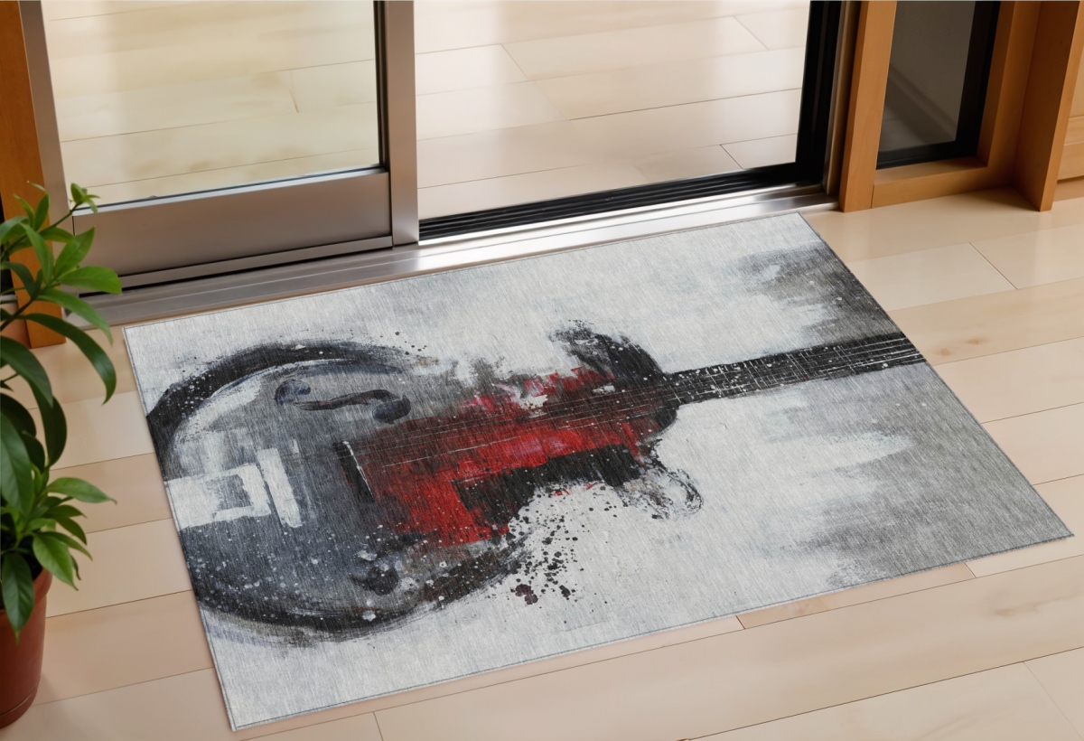 631155 3 x 5 ft. Gray Charcoal & Red Abstract Washable Indoor & Outdoor Rectangle Area Rug