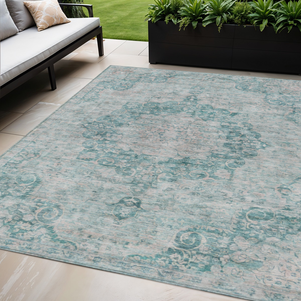 Teal Blue Floral Medallion Area Rug - 5 x 8 ft. - Washable & Durable