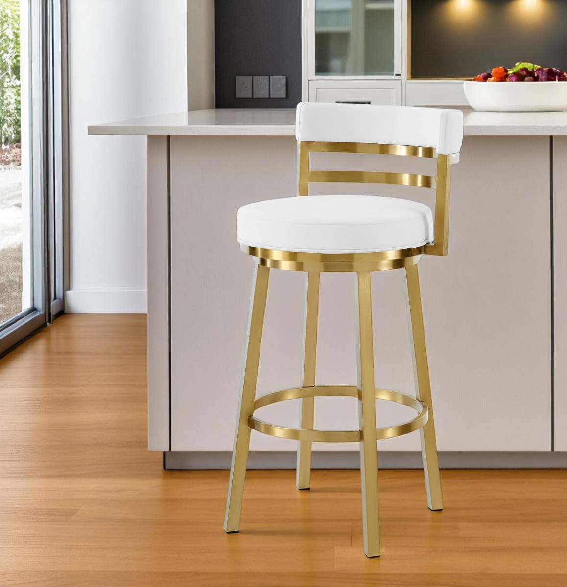 569169 39 x 20 x 21 in. White & Gold Faux Leather & Stainless Steel Low Back Height Swivel Bar Chair - 30 in.