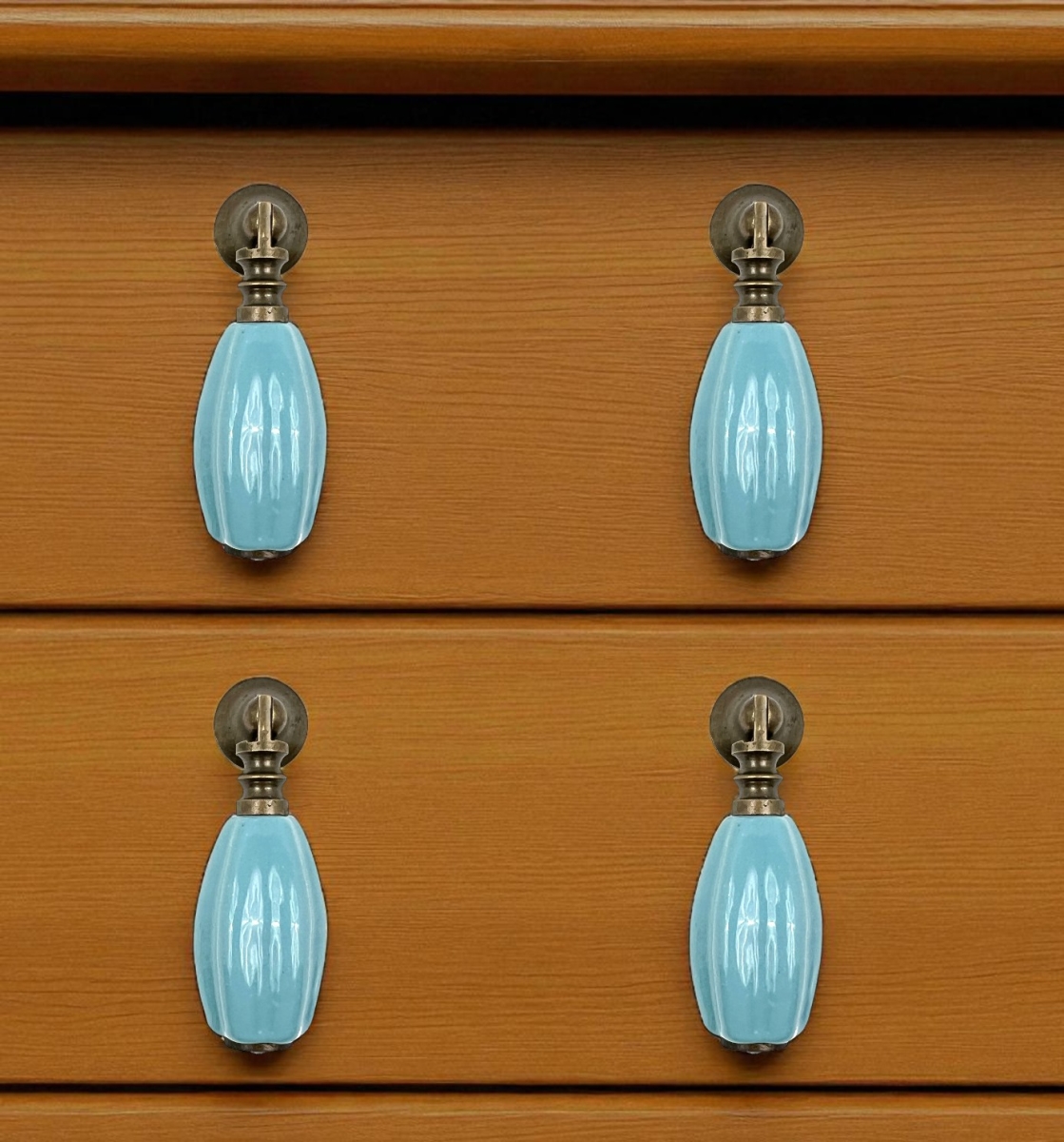 635760 Aqua & Brown Ribbed Ceramic Drawer Pull Knobs - Set of 6