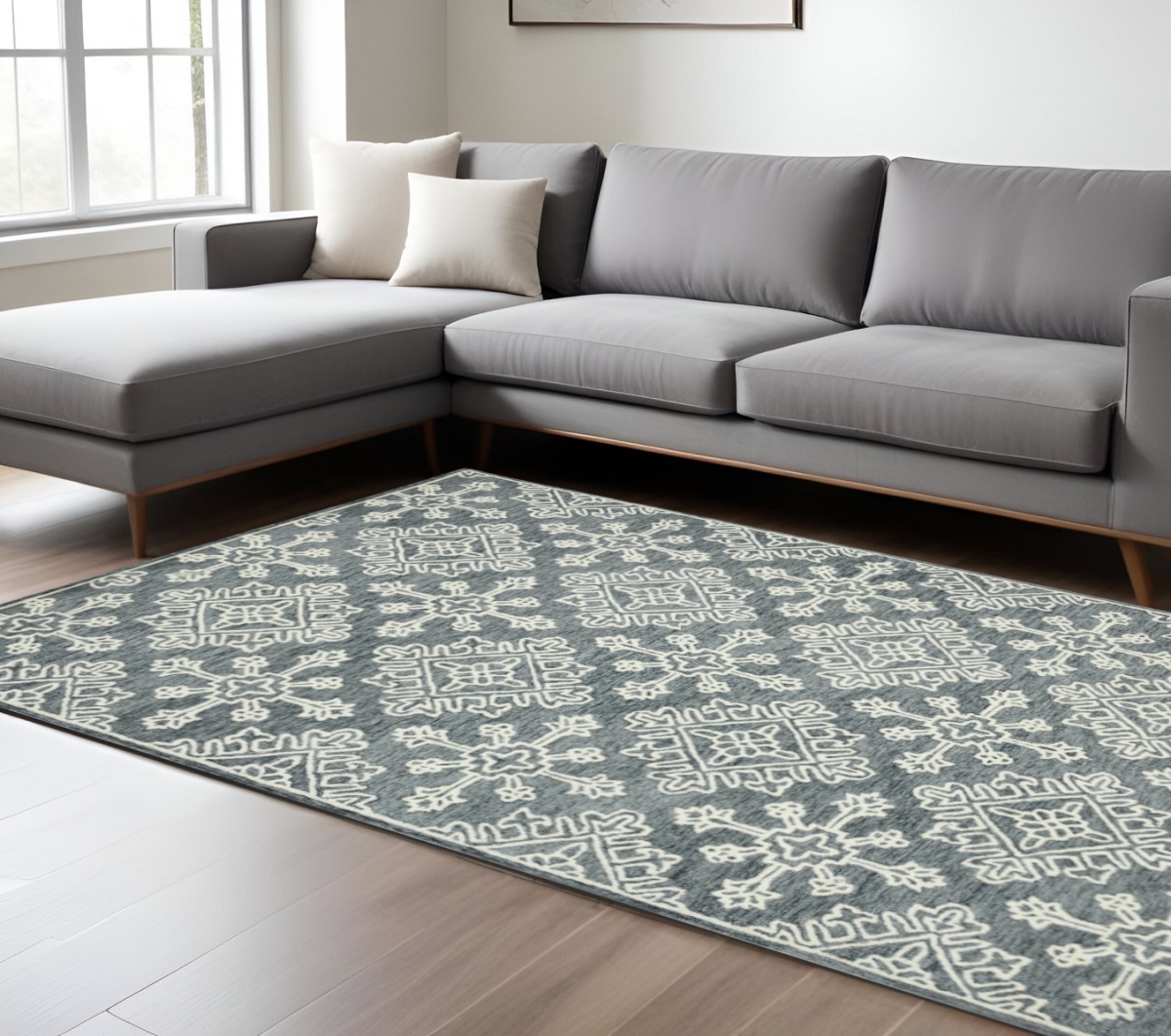 570349 8 x 10 ft. Dark Gray & Ivory Wool Oriental Hand Hooked Rectangle Area Rug