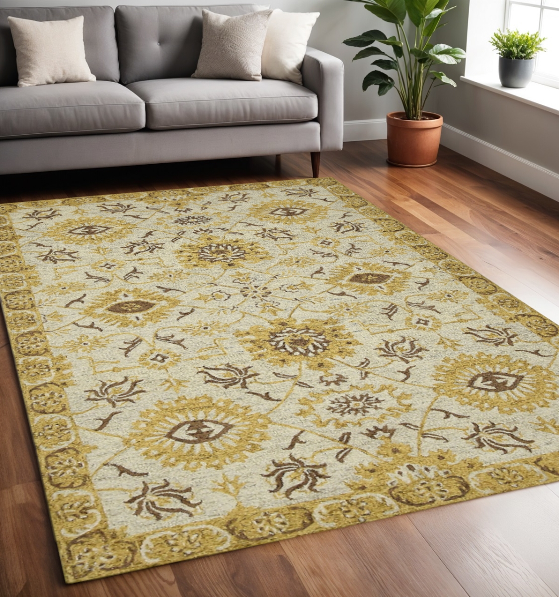 570400 5 x 8 ft. Rectangle Wool Floral Medallion Hand-Hooked Area Rug - Gold, Beige & Brown