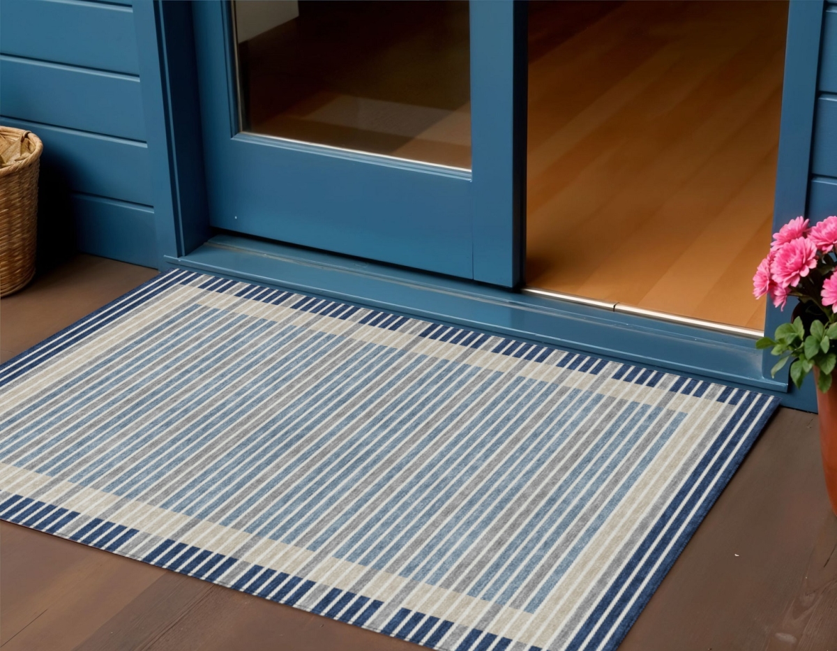 610486 3 x 5 ft. Navy Blue & Denim Blue Striped Washable Indoor & Outdoor Rectangle Area Rug