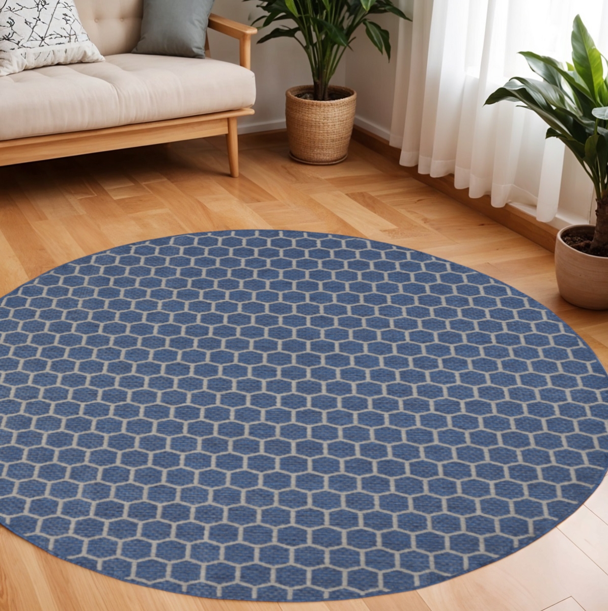556314 8 ft. Blue & Ivory Geometric Indoor & Outdoor Rectangle Area Rug