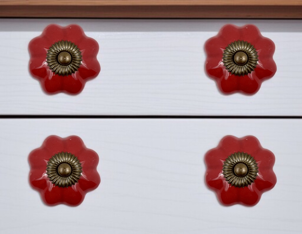 635767 Red Flower Shape Ceramic Drawer Pull Knobs - Set of 6