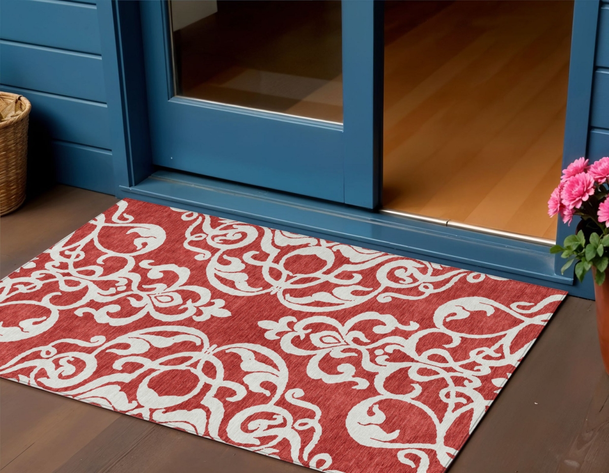 614455 3 x 5 ft. Red & Ivory Damask Washable Indoor & Outdoor Rectangle Area Rug
