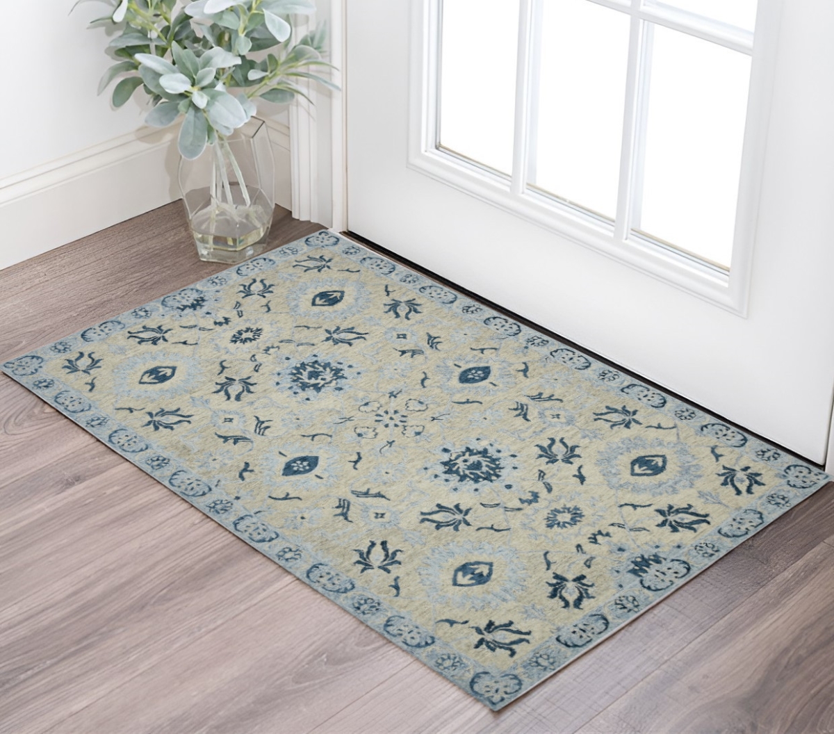 570395 2 x 3 ft. Gray Dark Blue & Light Blue Wool Floral Medallion Hand Hooked Rectangle Area Rug