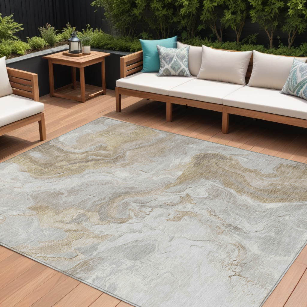 617637 10 x 14 ft. Ivory & Beige Abstract Washable Indoor & Outdoor Rectangle Area Rug