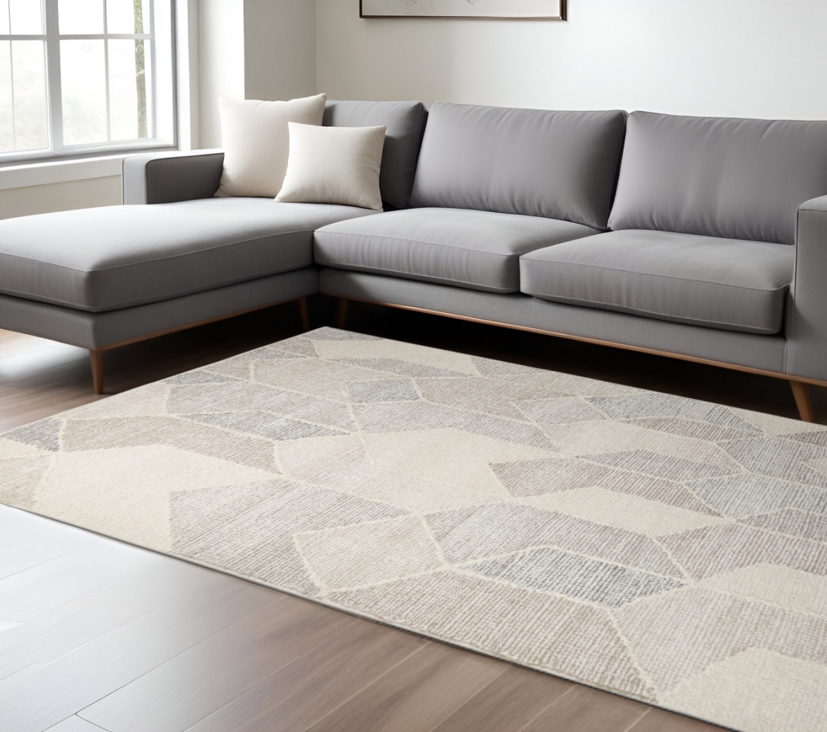 609383 9 x 12 ft. Beige Gray & Ivory Wool Geometric Hand Woven Rectangle Area Rug