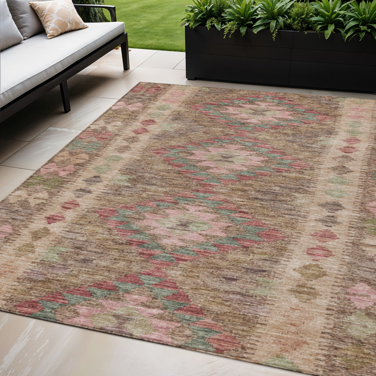 607429 5 x 8 ft. Brown Geometric Washable Indoor & Outdoor Rectangle Area Rug