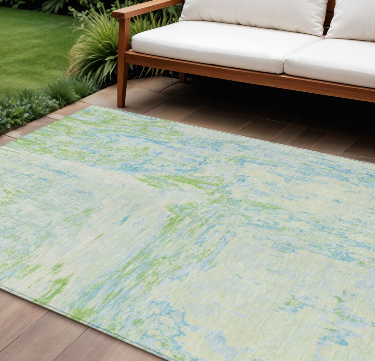 609277 8 x 10 ft. Mint Green & Blue Abstract Washable Indoor & Outdoor Rectangle Area Rug