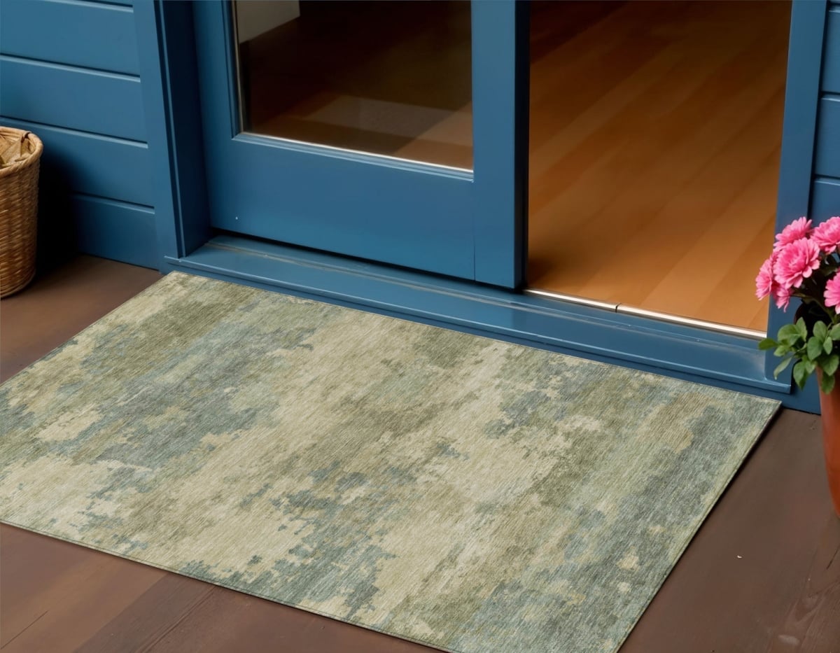 630933 3 x 5 ft. Pale Aqua & Khaki Abstract Washable Indoor & Outdoor Rectangle Area Rug