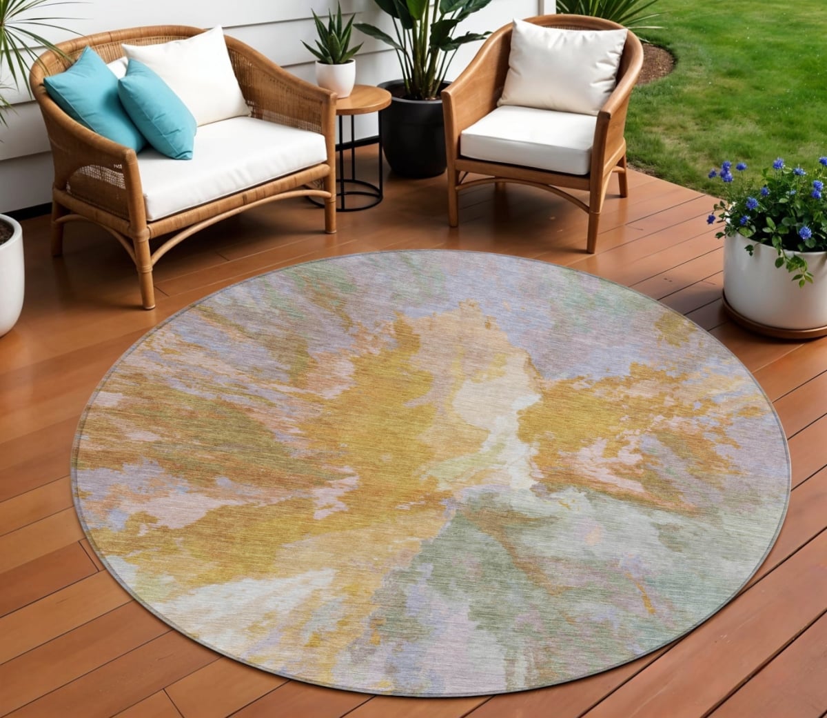 615622 8 ft. Rust & Lavender Round Abstract Washable Indoor & Outdoor Area Rug