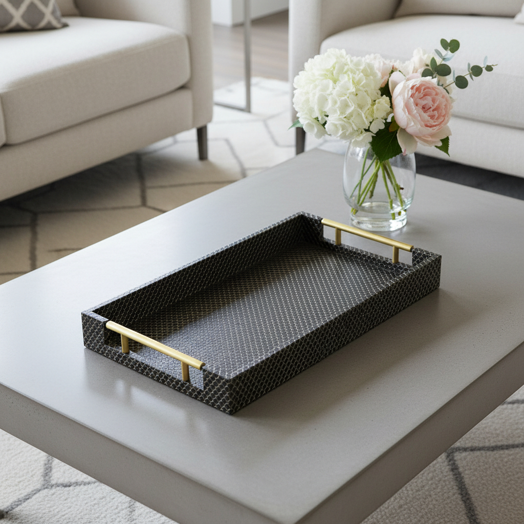 625657 16 in. Geometric Print Handmade Serving Tray, Black & Gold