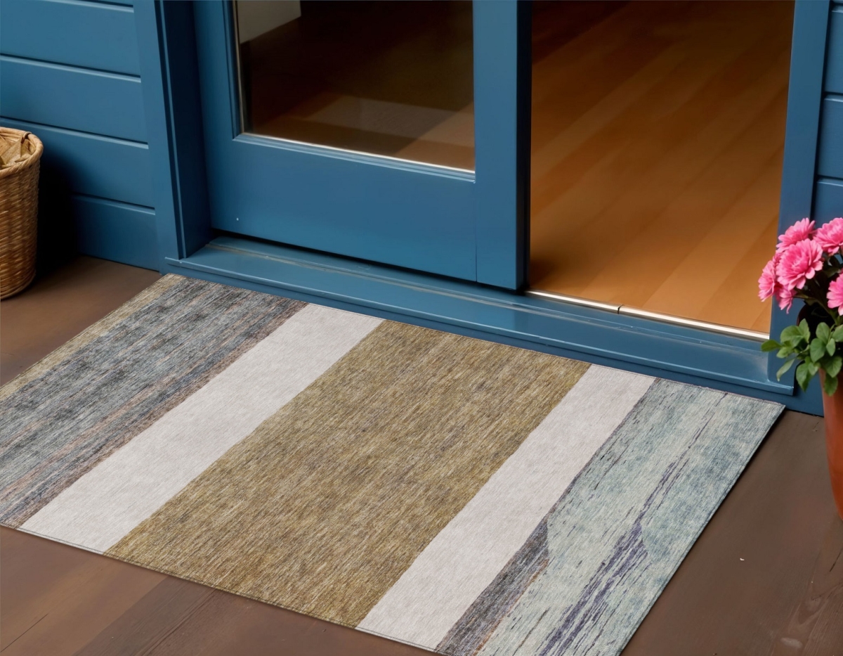 615272 3 x 5 ft. Brown Ivory & Blue Abstract Washable Indoor & Outdoor Rectangle Area Rug