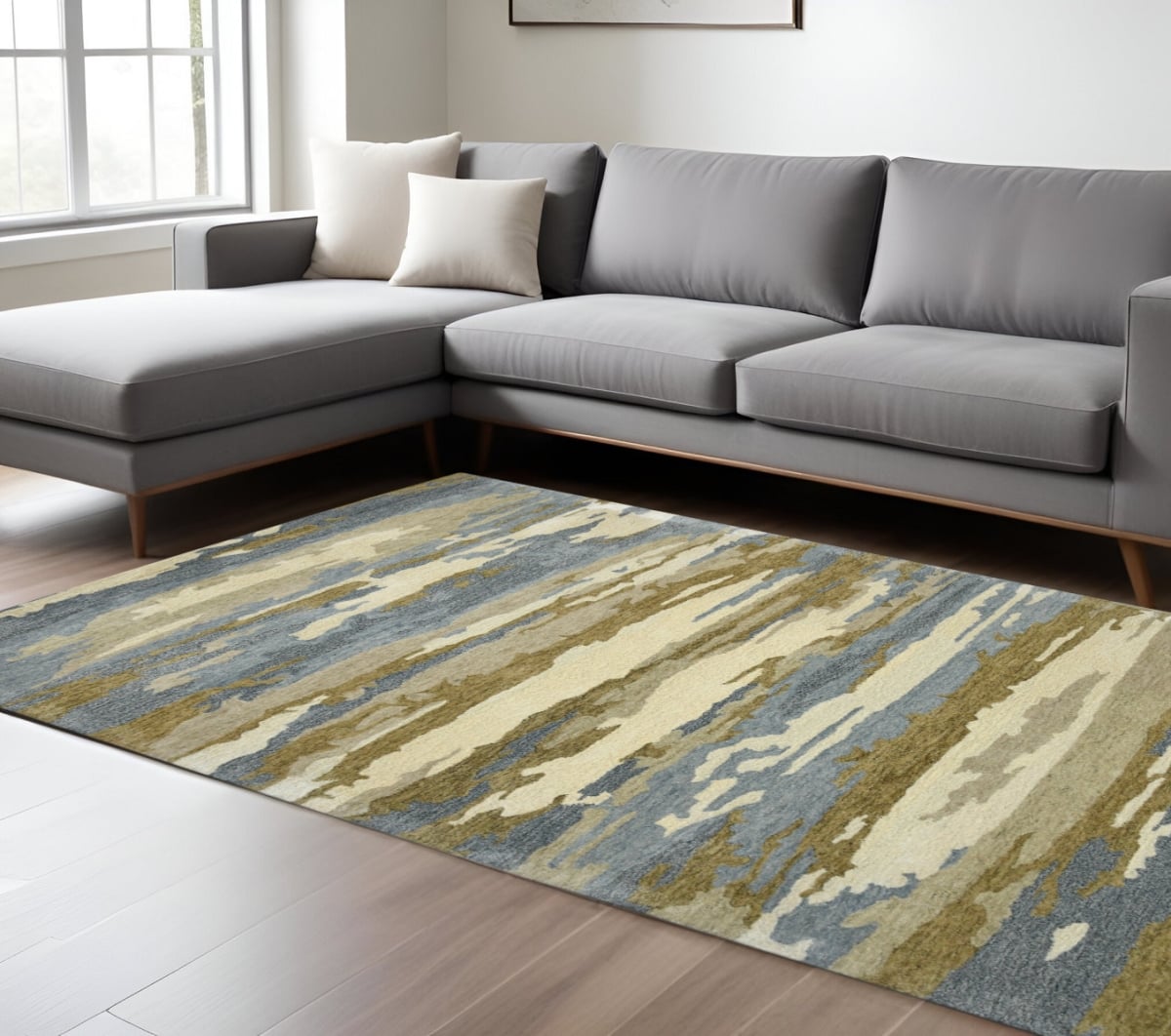 570763 8 x 10 ft. Light Blue Ivory & Brown Wool Abstract Hand Tufted Rectangle Area Rug