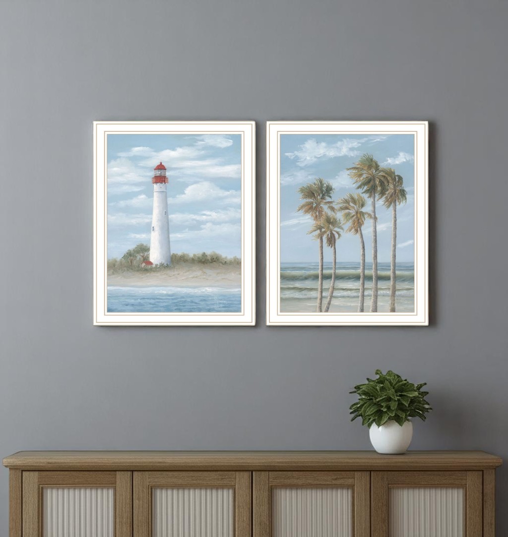 568582 Cape May Lighthouse & Palm Trees White Framed Wall Art - Set of 2
