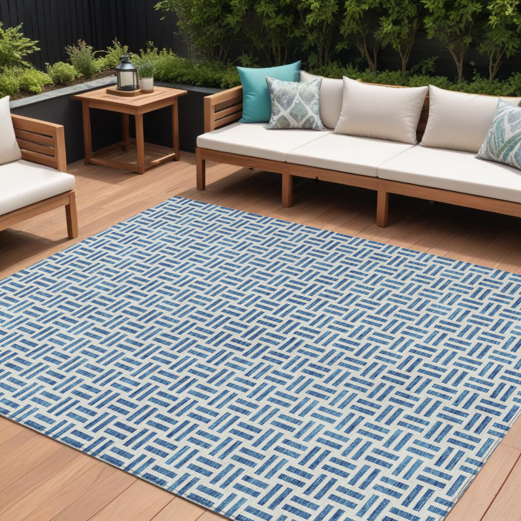 614742 10 x 14 ft. Denim Blue & Ivory Geometric Washable Indoor & Outdoor Rectangle Area Rug