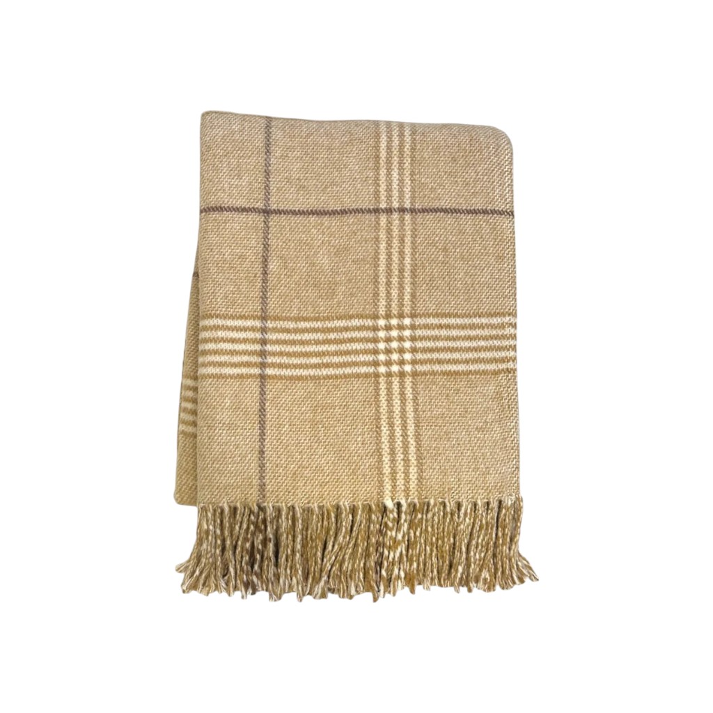 633073 50 x 67 in. Stone & White Cotton Blend Woven Plaid Throw Blanket with Fringe