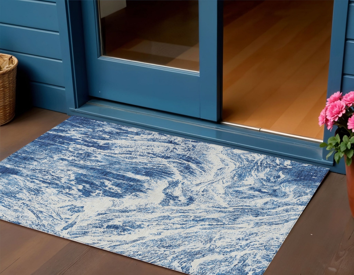 614293 3 x 5 ft. Navy Blue & Ivory Abstract Washable Indoor & Outdoor Rectangle Area Rug