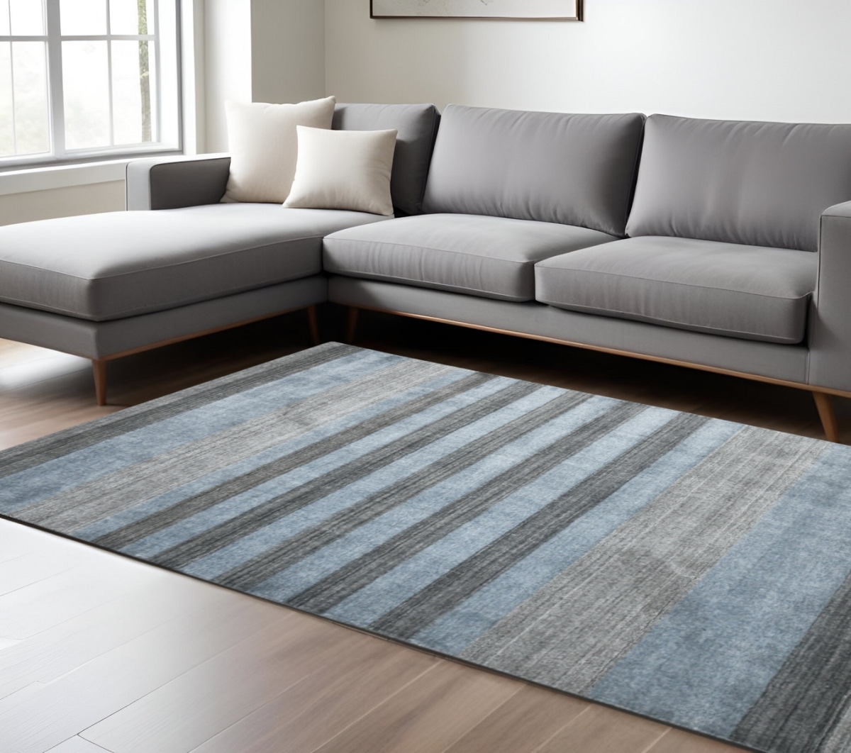570686 10 x 14 ft. Wool Striped Hand Woven Rectangle Area Rug, Gray & Light Blue