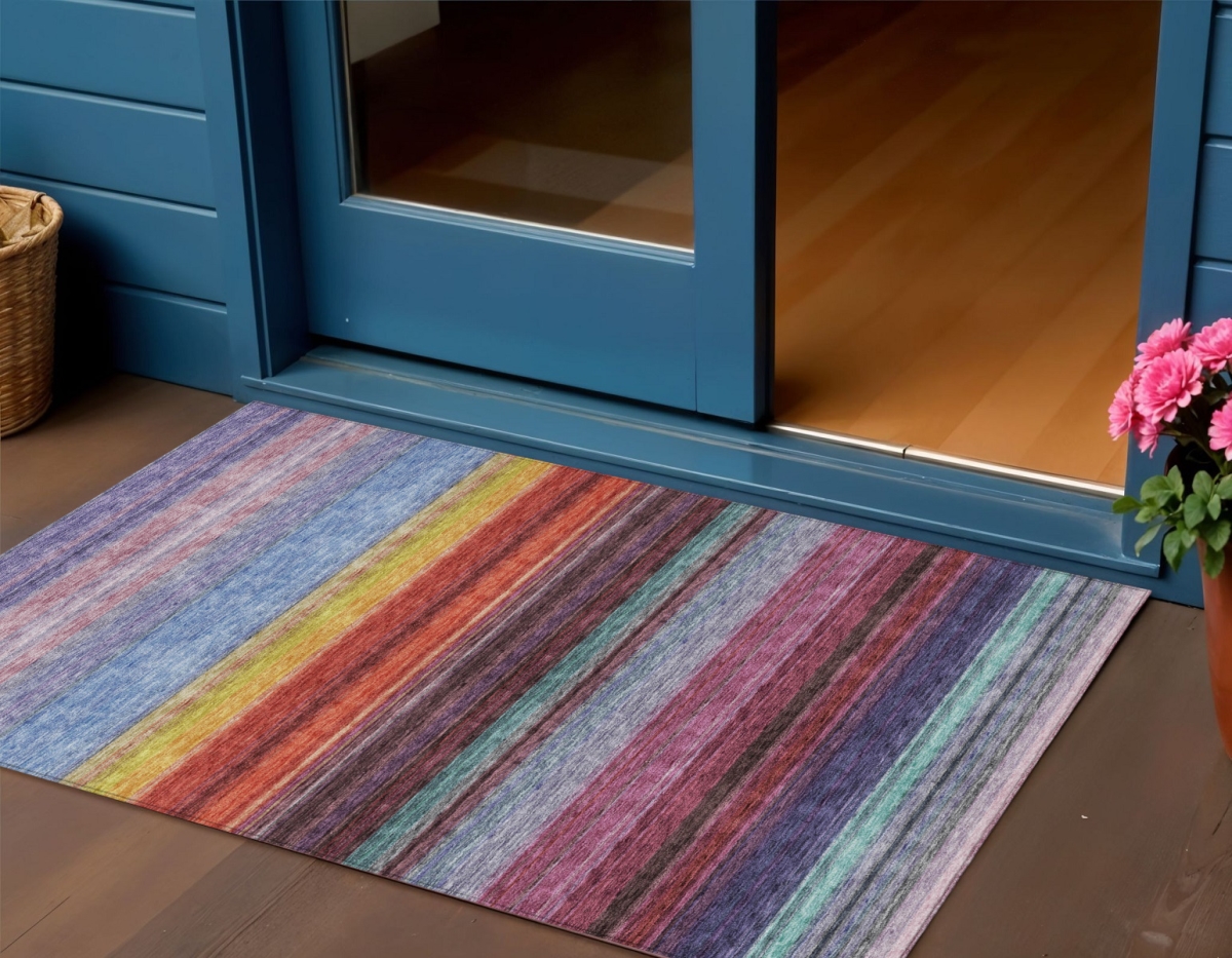 614809 3 x 5 ft. Lavender Blush & Blue Striped Washable Indoor & Outdoor Rectangle Area Rug