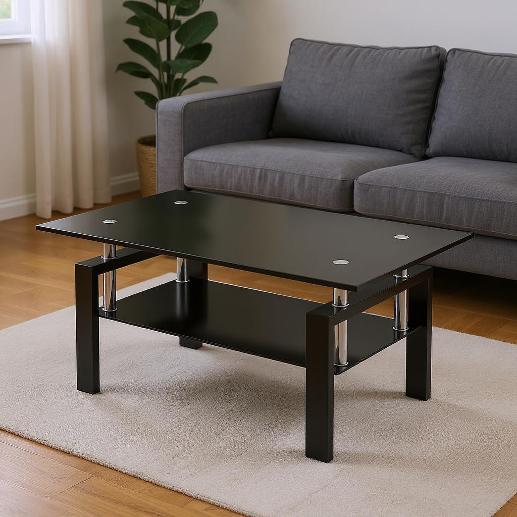 635697 39 in. Black Glass & Steel Coffee Table with Shelf