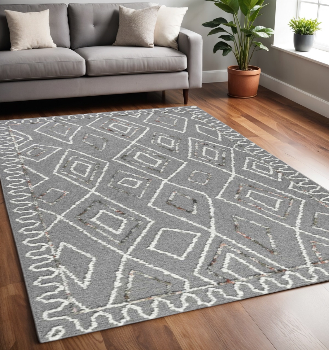 570336 5 x 8 ft. Wool Geometric Hand Hooked Rectangle Area Rug, Dark Gray Ivory & Rust