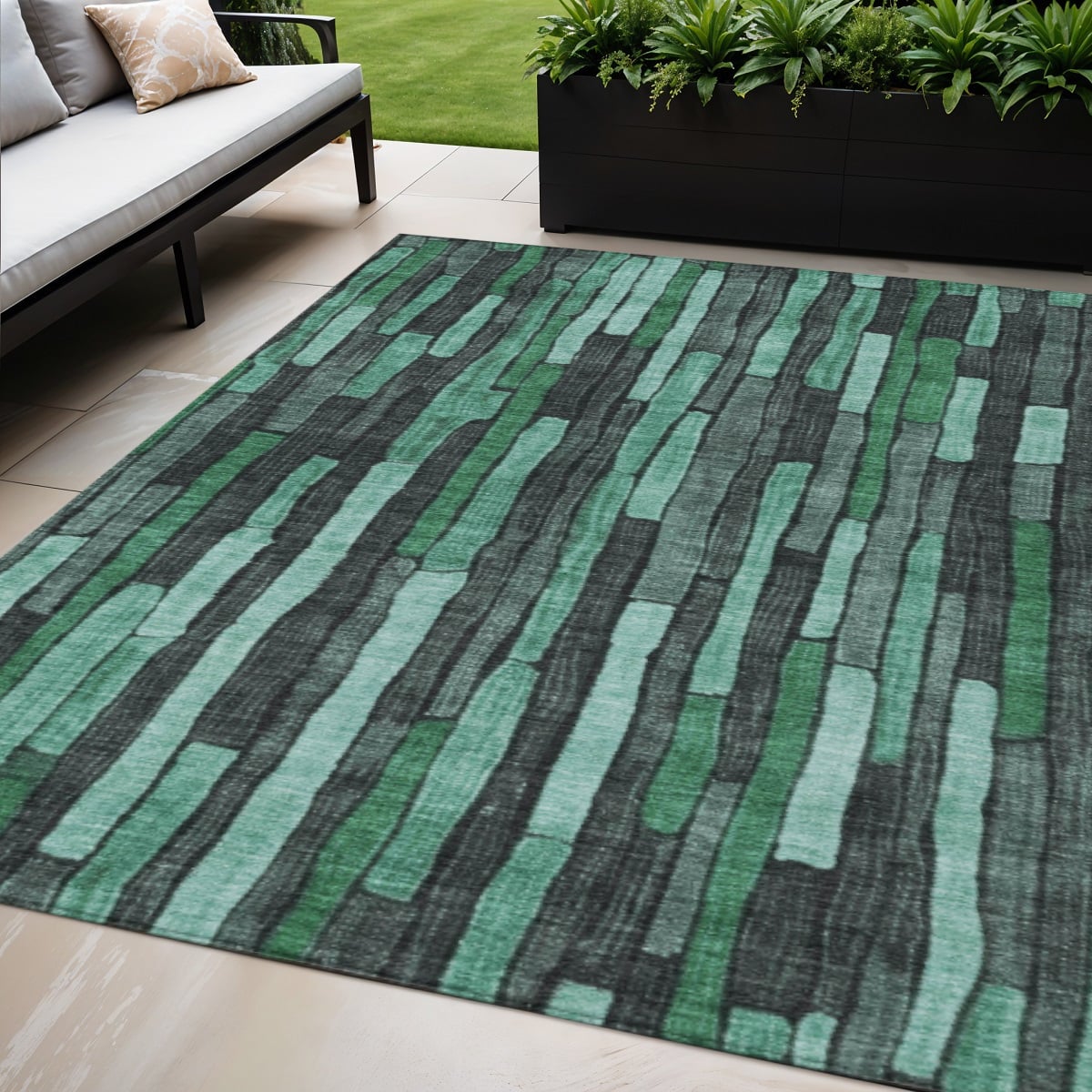 608971 5 x 8 ft. Sage Teal Blue & Emerald Striped Washable Indoor & Outdoor Rectangle Area Rug