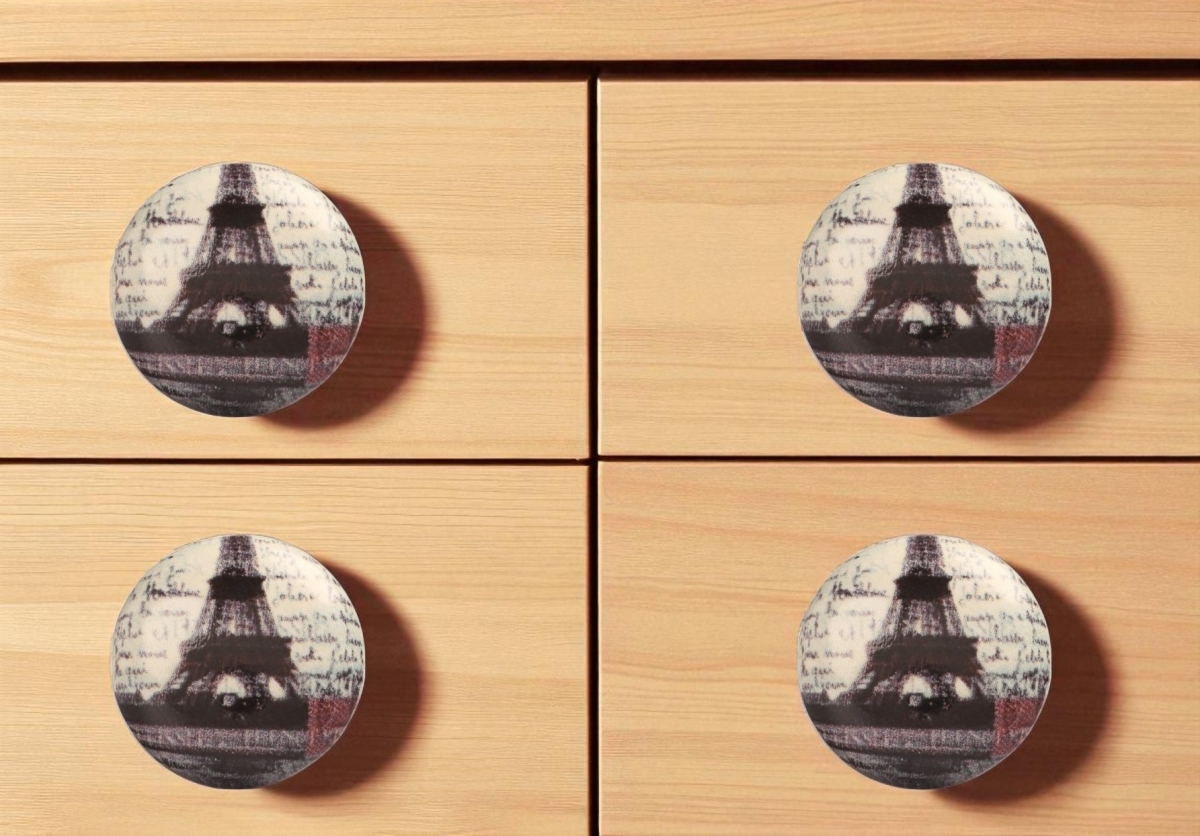 635801 Black & White Eiffel Tower Poetic Script Ceramic Drawer Pull Knobs - Set of 6