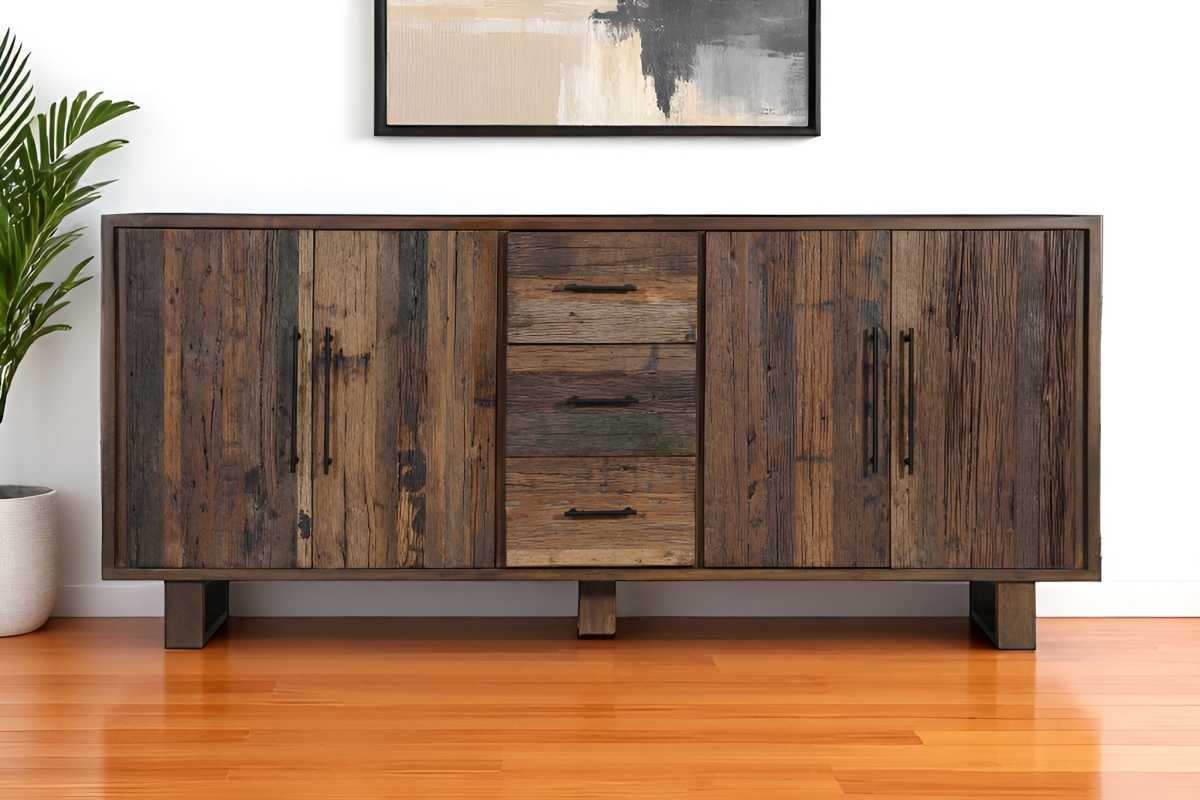 634321 83 in. Dark Brown Distressed Reclaimed Wood Three Drawer Sideboard with Four Doors