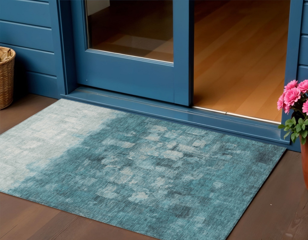 632095 3 x 5 ft. Teal Blue & Silver Abstract Washable Indoor & Outdoor Rectangle Area Rug