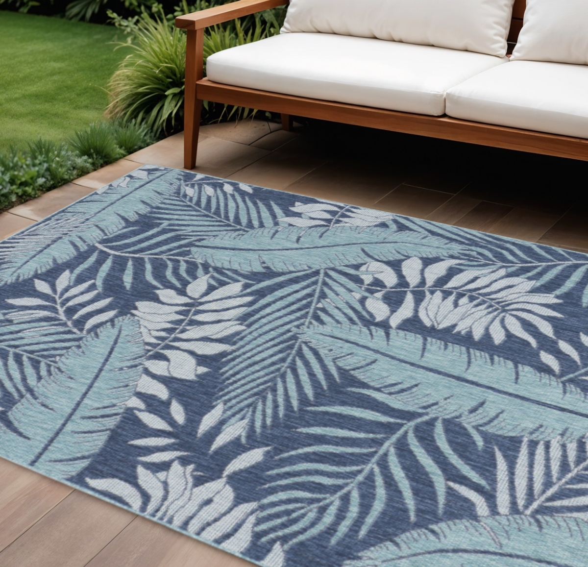 551479 9 x 12 ft. Navy Blue & Ivory Palm Leaf Indoor & Outdoor Rectangle Area Rug