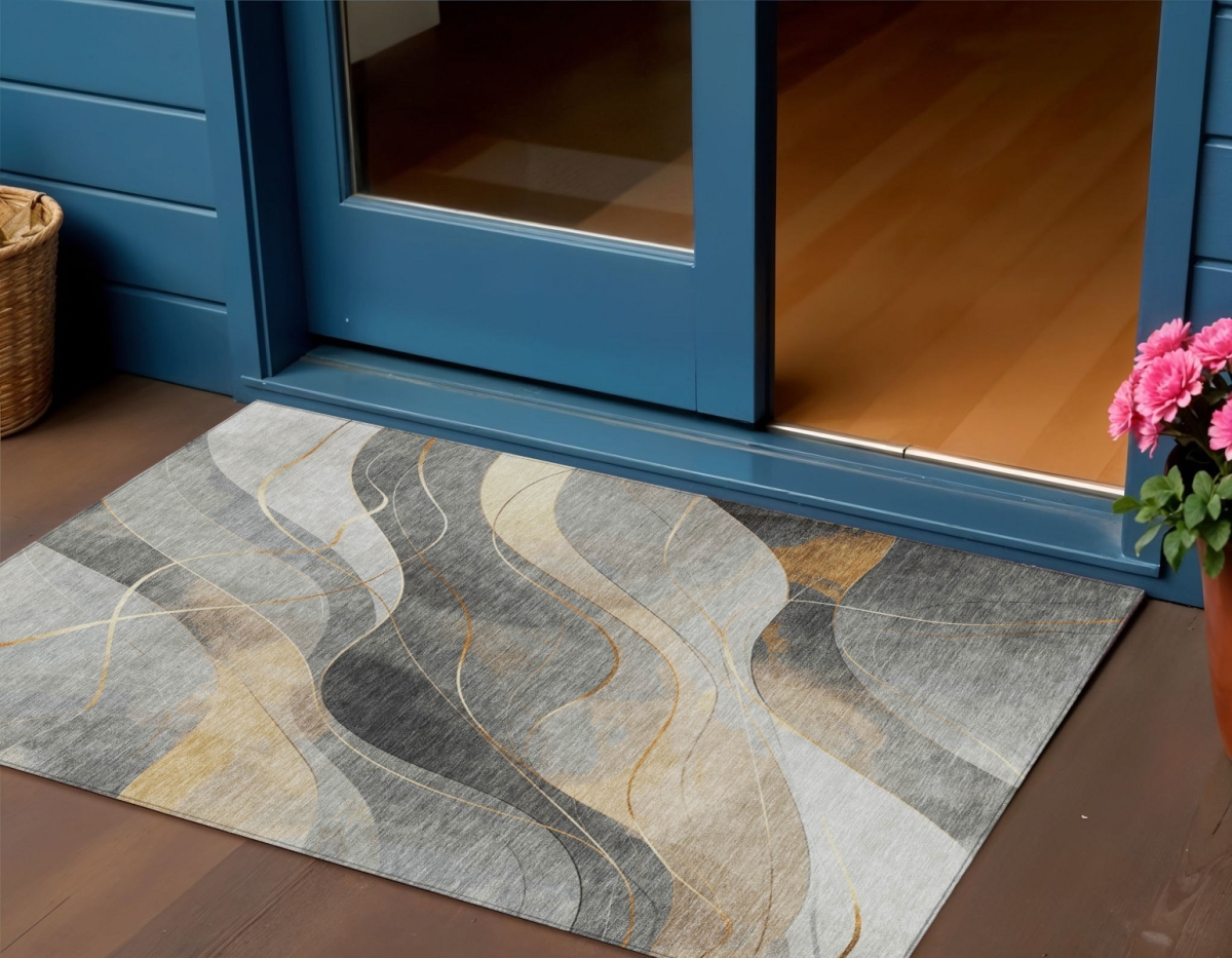 616754 3 x 5 ft. Gray Silver & Rust Abstract Washable Indoor & Outdoor Rectangle Area Rug