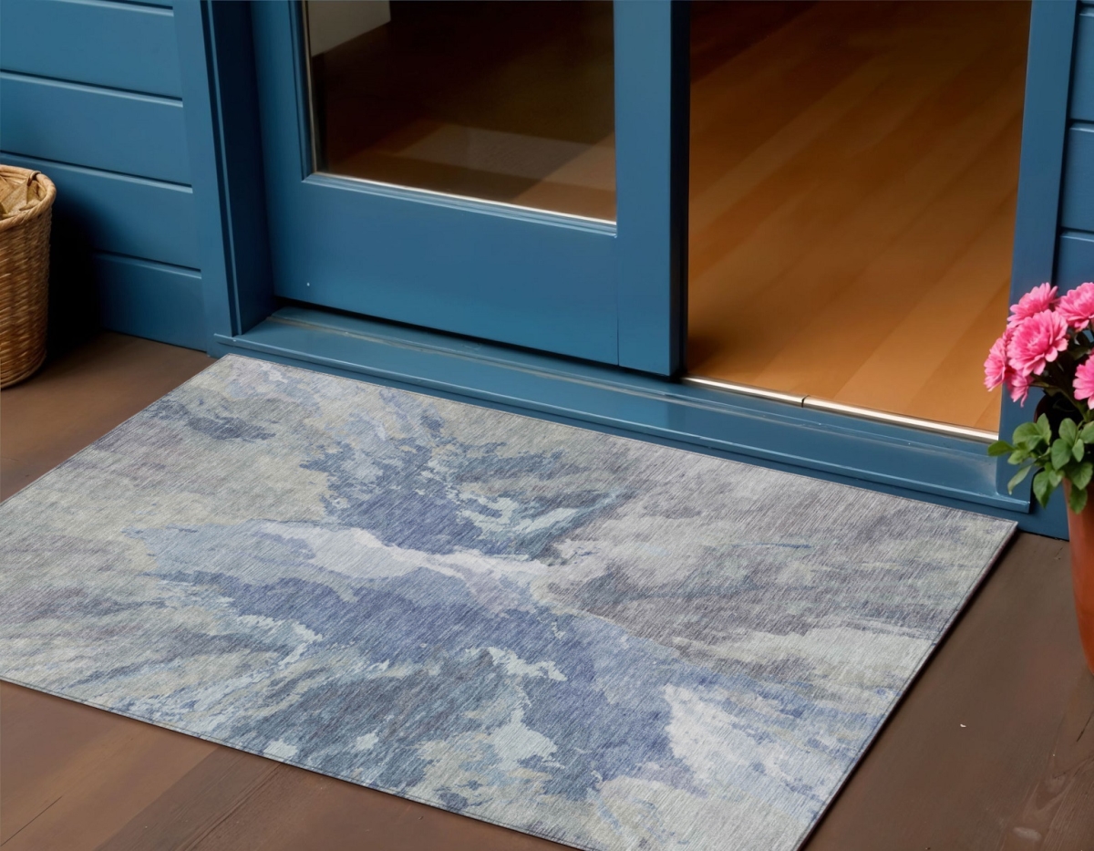 615596 3 x 5 ft. Denim Blue & Linen Abstract Washable Indoor & Outdoor Rectangle Area Rug