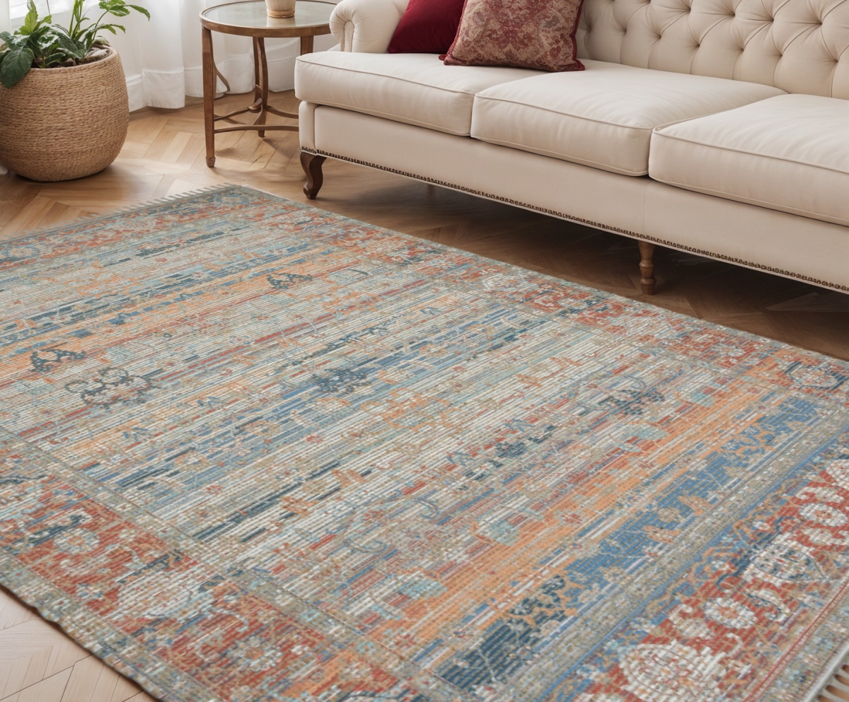 570610 5 x 7 ft. Blue Brick Red & Ivory Oriental Hand Woven Rectangle Area Rug with Fringe