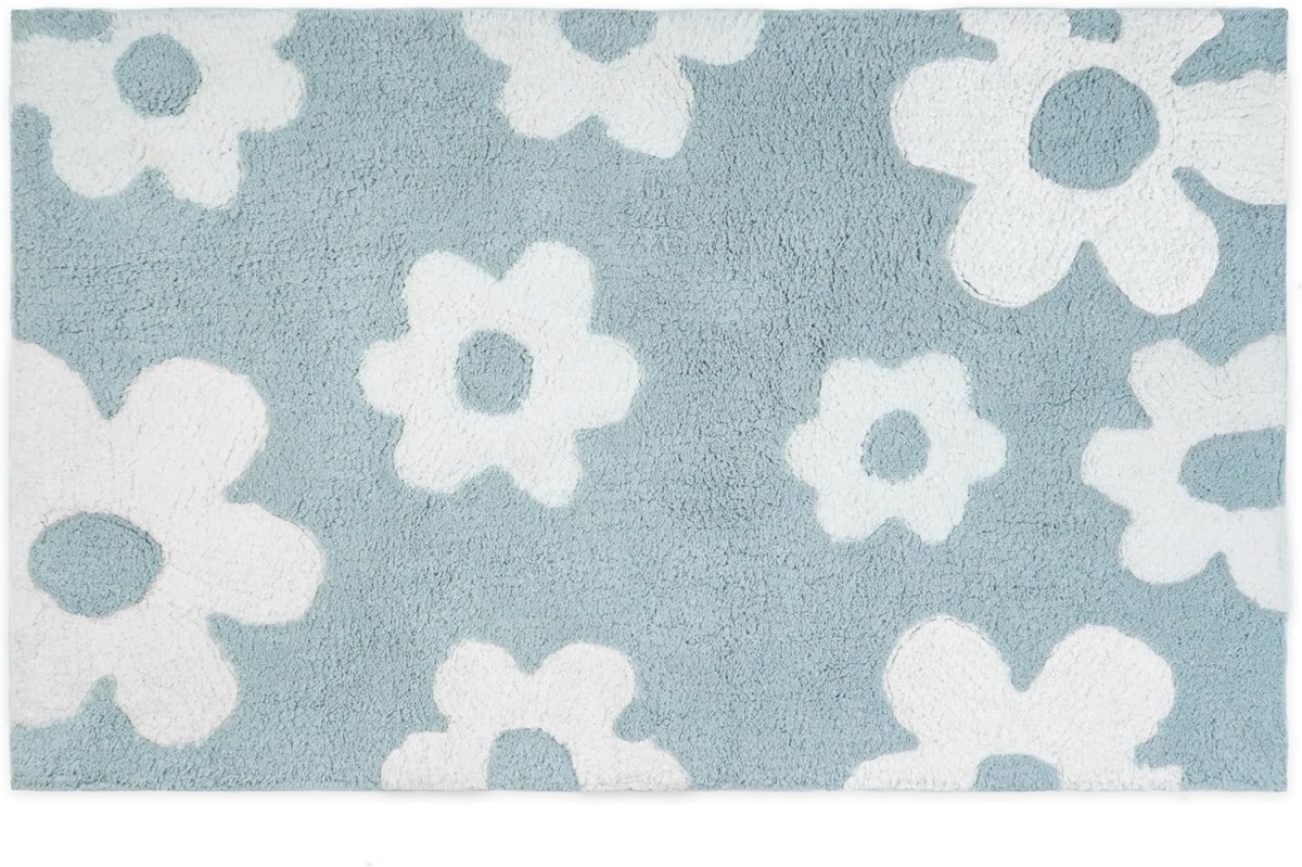 635405 32 in. Blue & White Cotton Floral Bath Rug