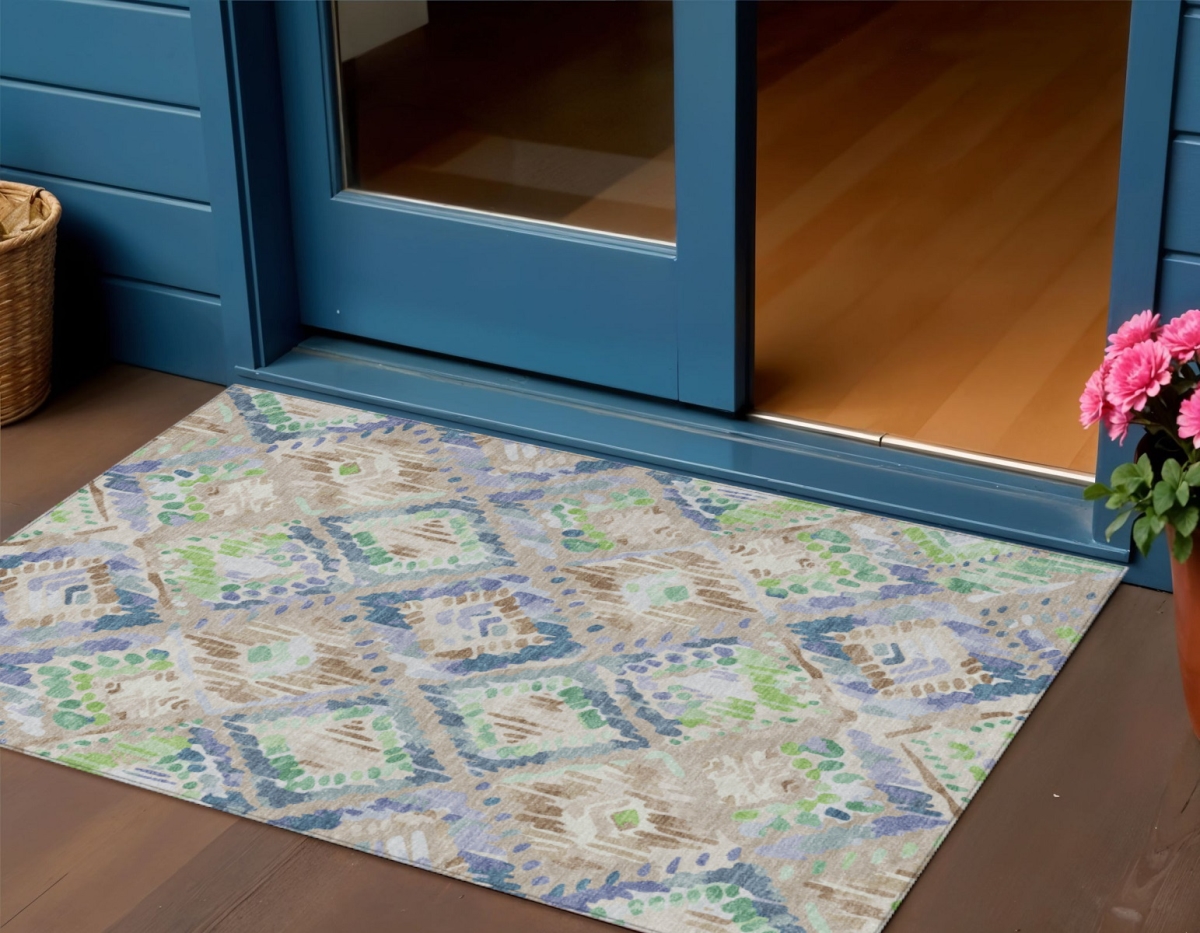 Geometric Washable Area Rug - Beige Blue & Green - 3 x 5 ft - Stain Resistant