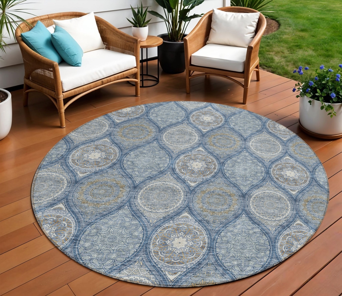 614607 8 ft. Navy Blue Ivory & Taupe Round Floral Medallion Washable Indoor & Outdoor Area Rug