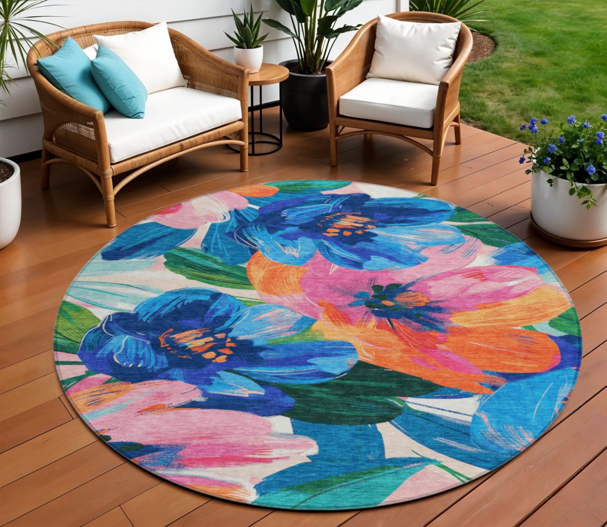 611073 8 ft. Navy Blue & Sky Blue Round Floral Washable Indoor & Outdoor Area Rug
