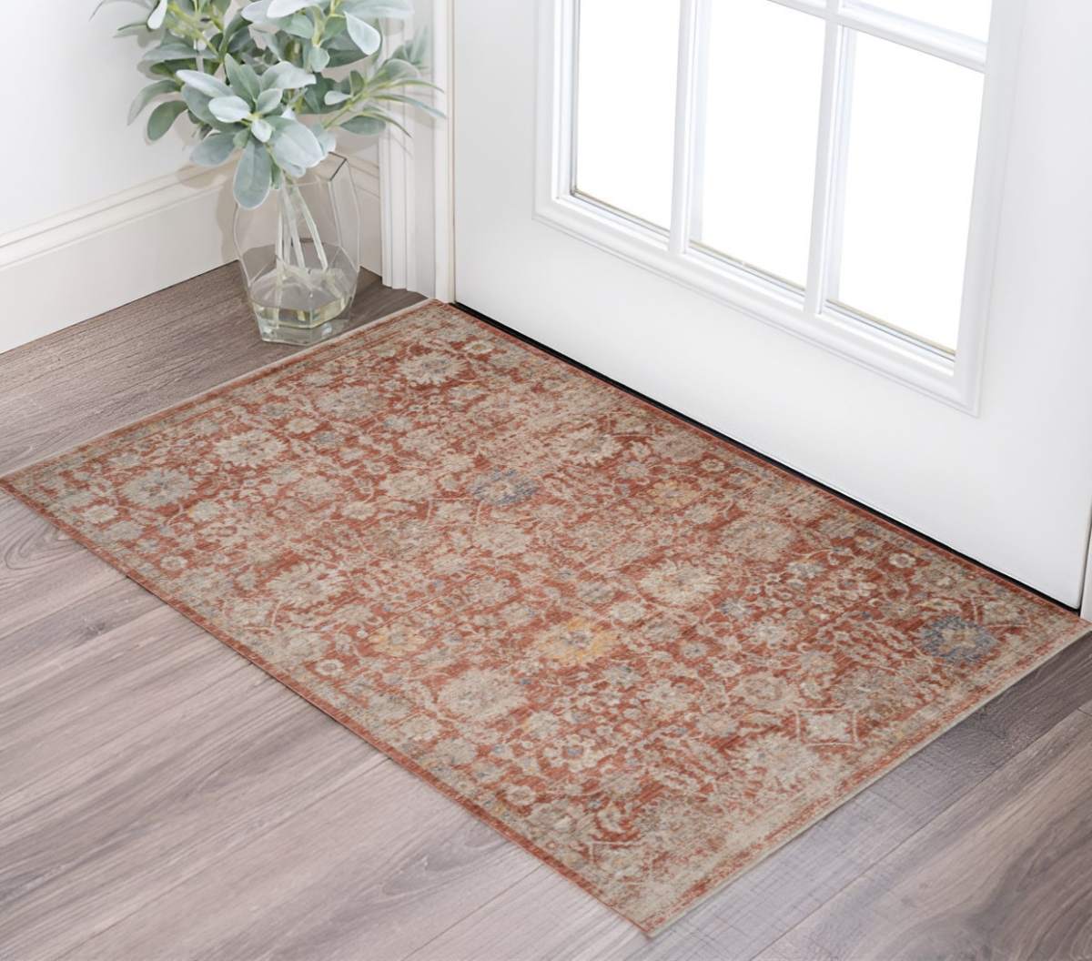 571144 2 x 3 ft. Brick Red & Gray Floral Medallion Rectangle Area Rug with Fringe