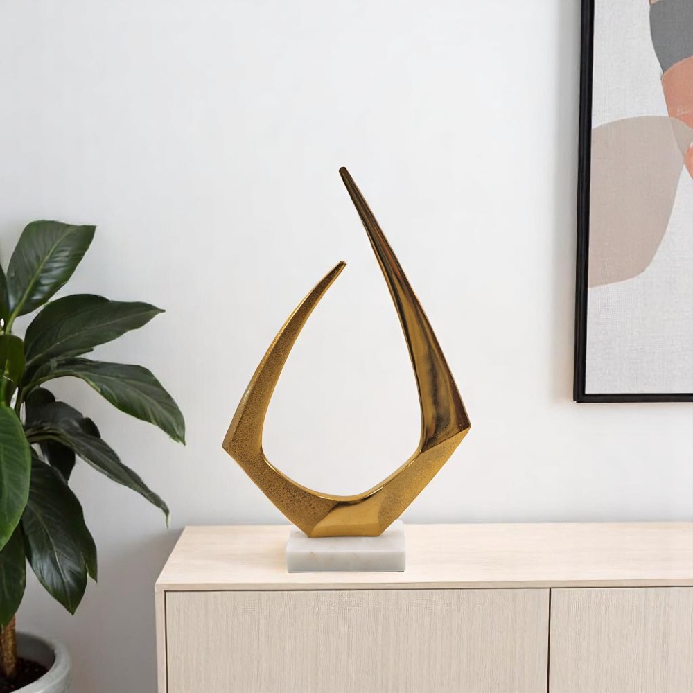 628141 17 in. Gold & White Aluminum & Marble Abstract Tabletop Sculpture