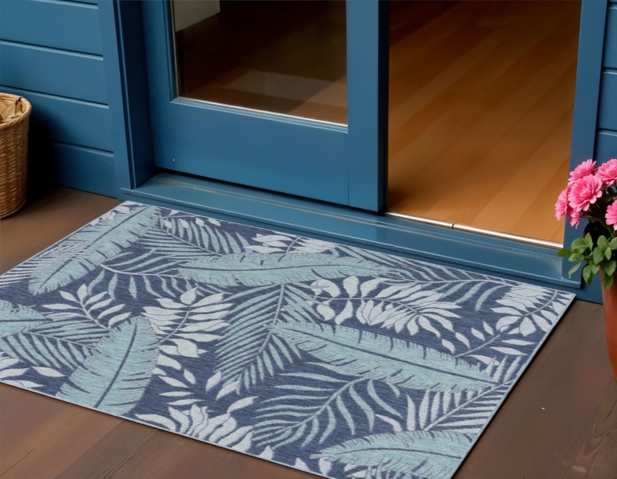 554904 3 x 5 ft. Navy Blue & Ivory Palm Leaf Indoor & Outdoor Rectangle Area Rug