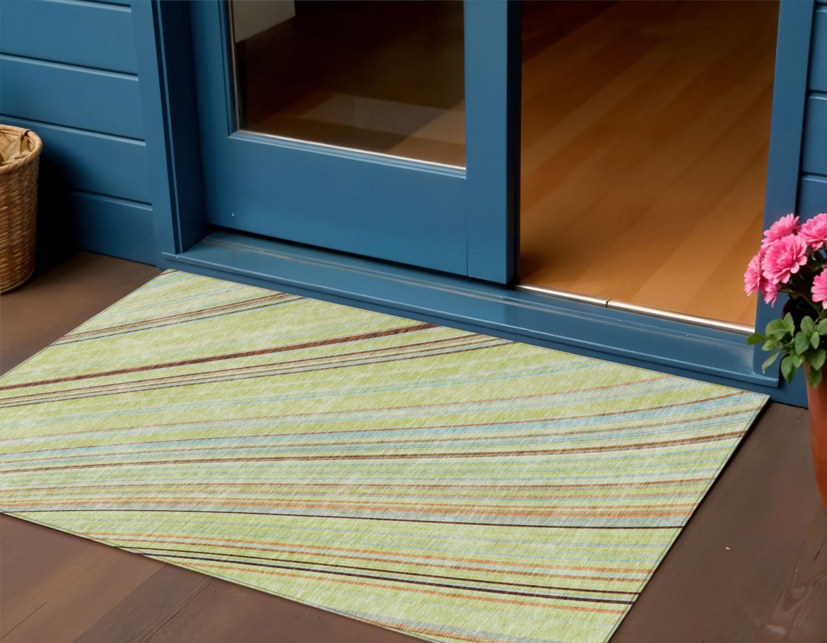 614947 3 x 5 ft. Sage Brown & Sky Blue Striped Washable Indoor & Outdoor Rectangle Area Rug