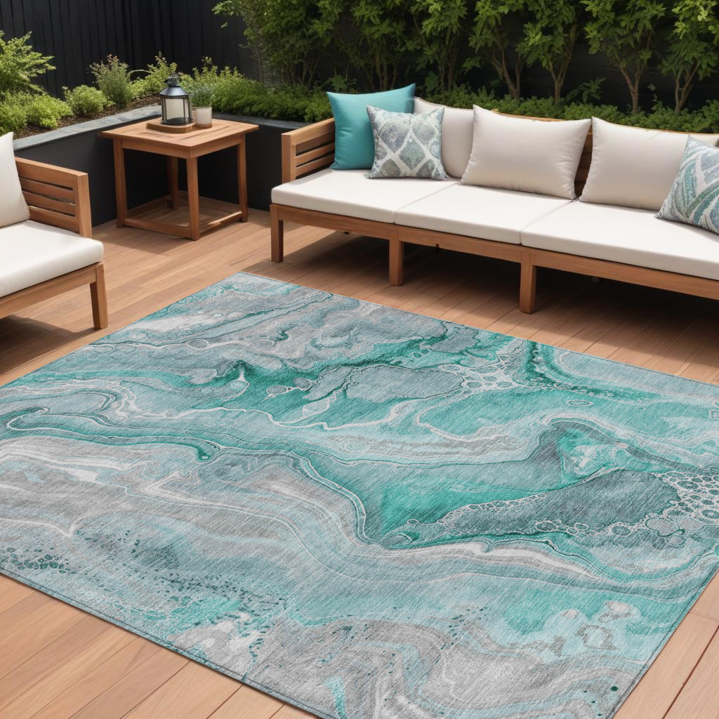 617618 9 x 12 ft. Teal Blue & Ivory Abstract Washable Indoor & Outdoor Rectangle Area Rug