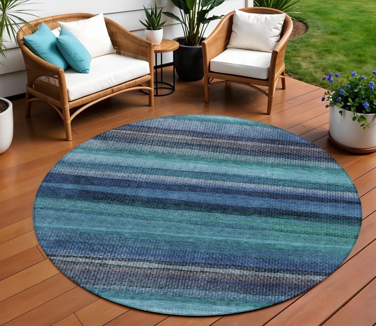631223 8 ft. Teal Blue Aqua & Navy Blue Round Striped Washable Indoor & Outdoor Area Rug