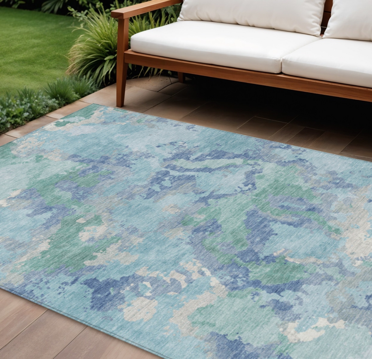 609837 8 x 10 ft. Blue & Teal Blue Abstract Washable Indoor & Outdoor Rectangle Area Rug