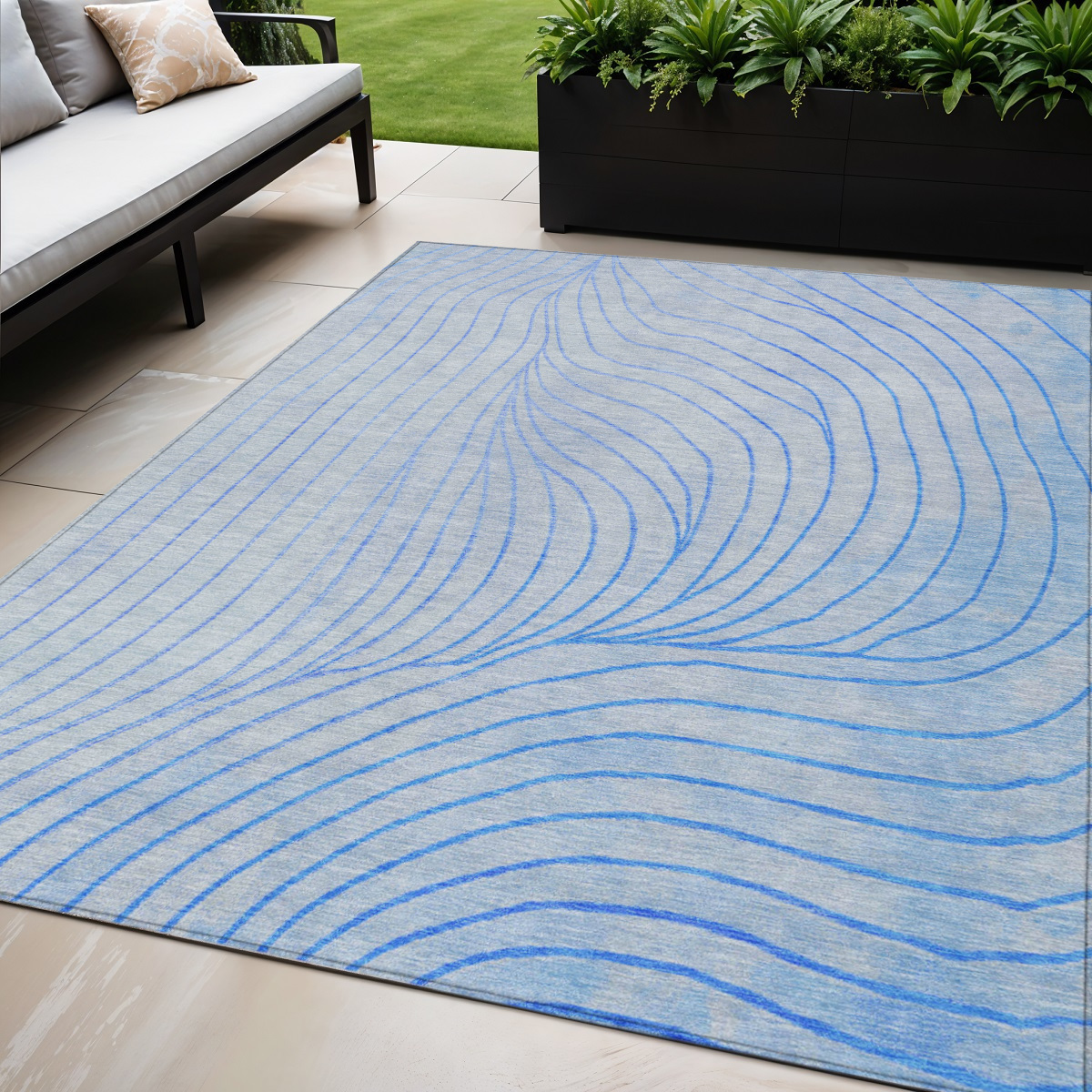 631756 5 x 8 ft. Blue & Silver Abstract Washable Indoor & Outdoor Rectangle Area Rug